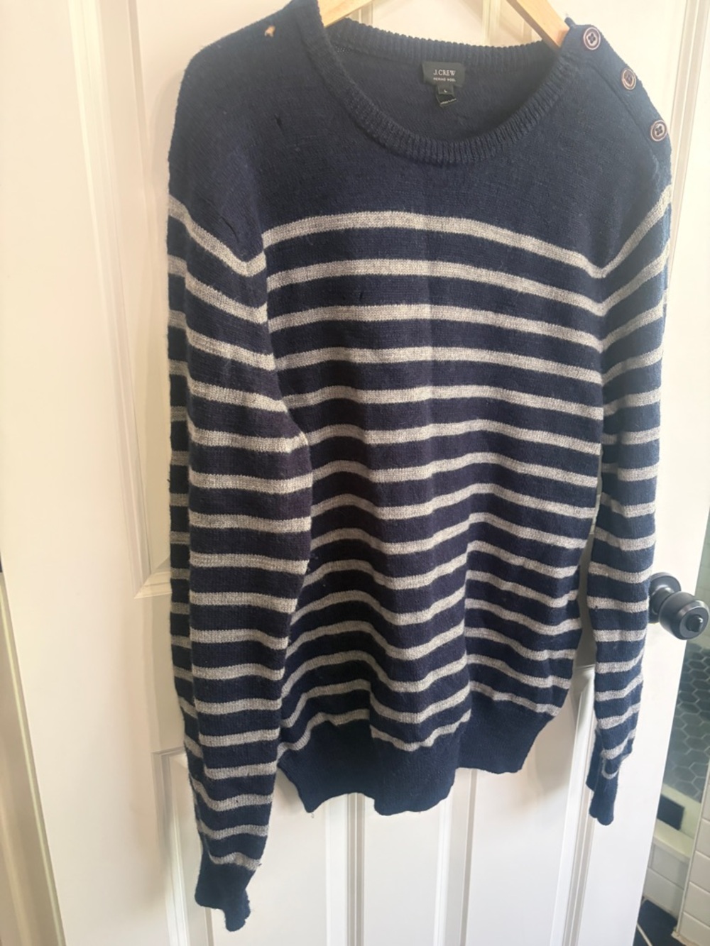 J. Crew womens Navy and White Striped merino wool Button-Shoulder Sweater. - Picture 4 of 13